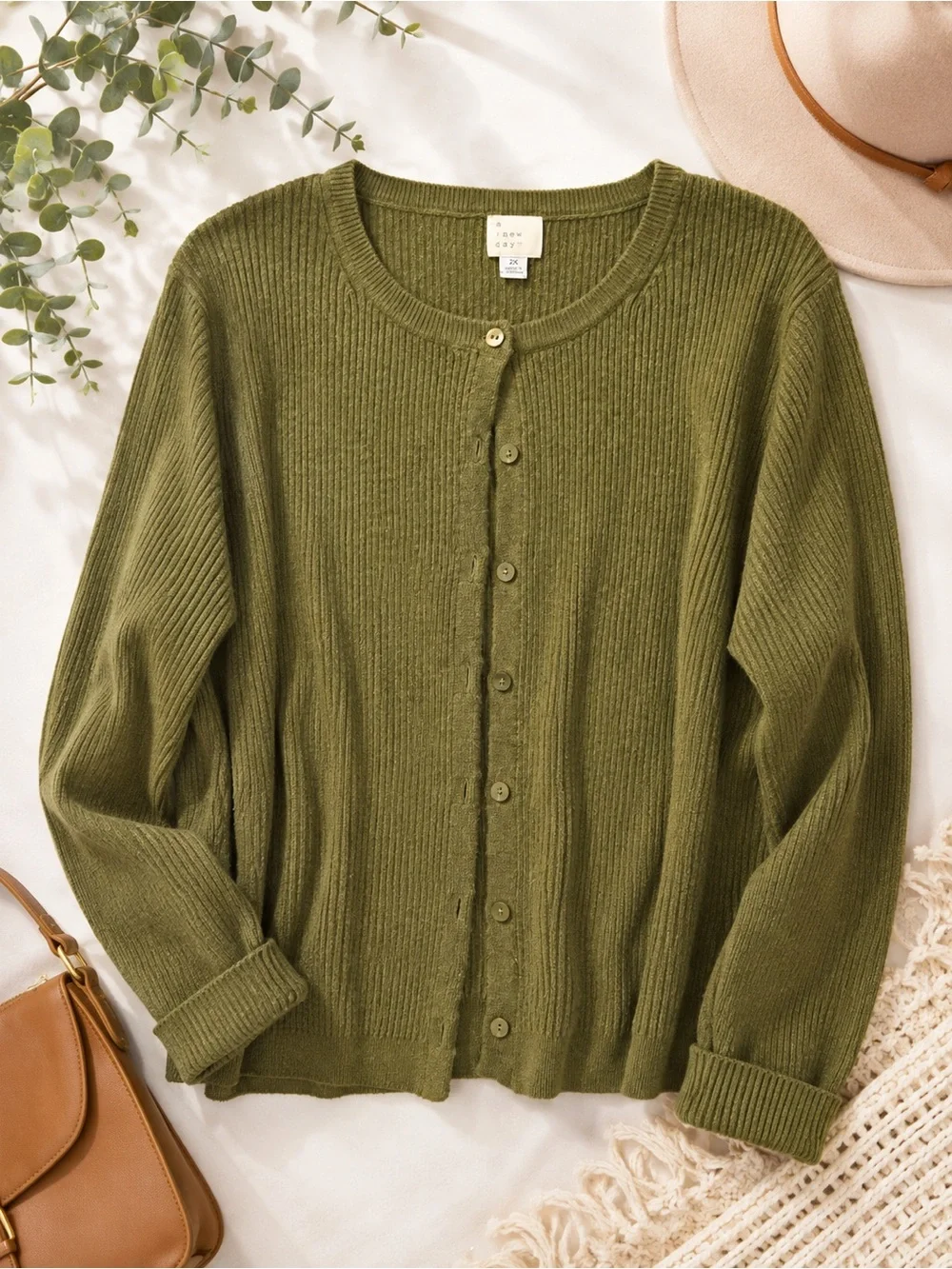 a new day Olive Green Ribbed Button-Front Cardigan Sweater
